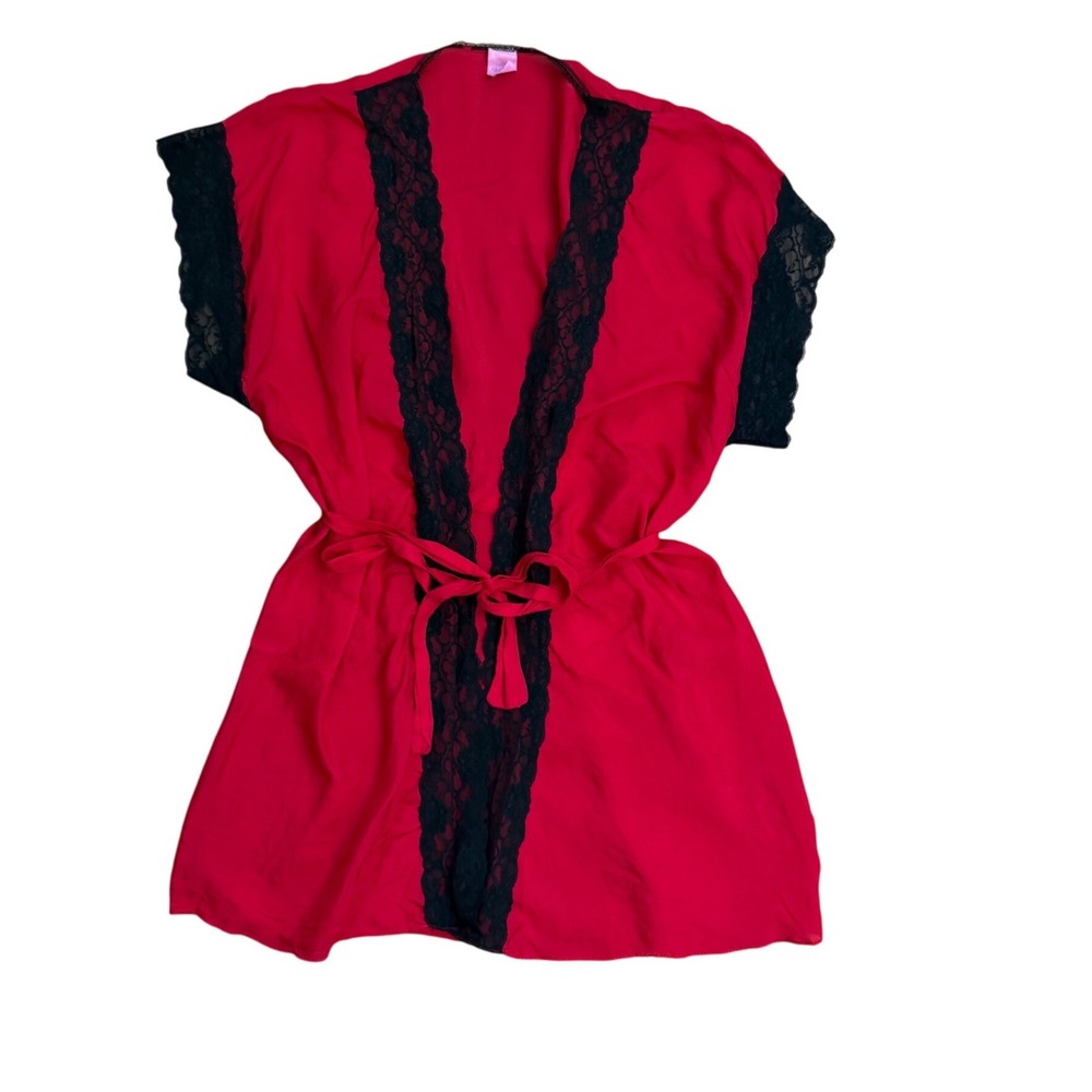 Vintage Red Silk Lace Trim Robe Kimono One Size USA sexy dark romantic